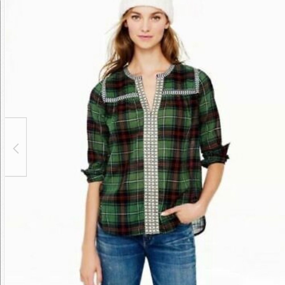 JCrew Green Plaid Blouse w/Embroidered …